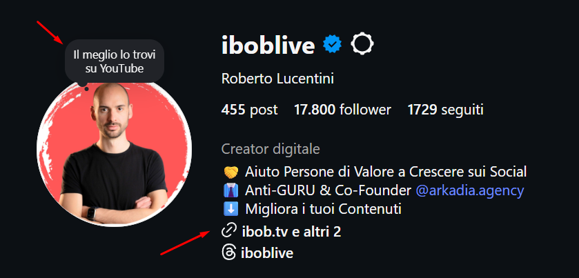 Profilo Instagram con riferimento YouTube